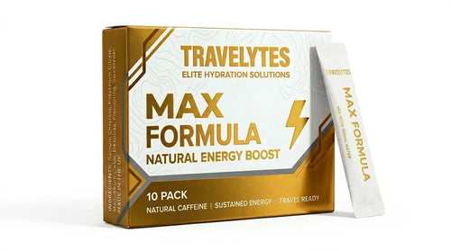 A box of Travelytes Max Formula 10-pack energy boost sachets, shown with one individual white and gold stick packet standing next to the box on a clean white background.
